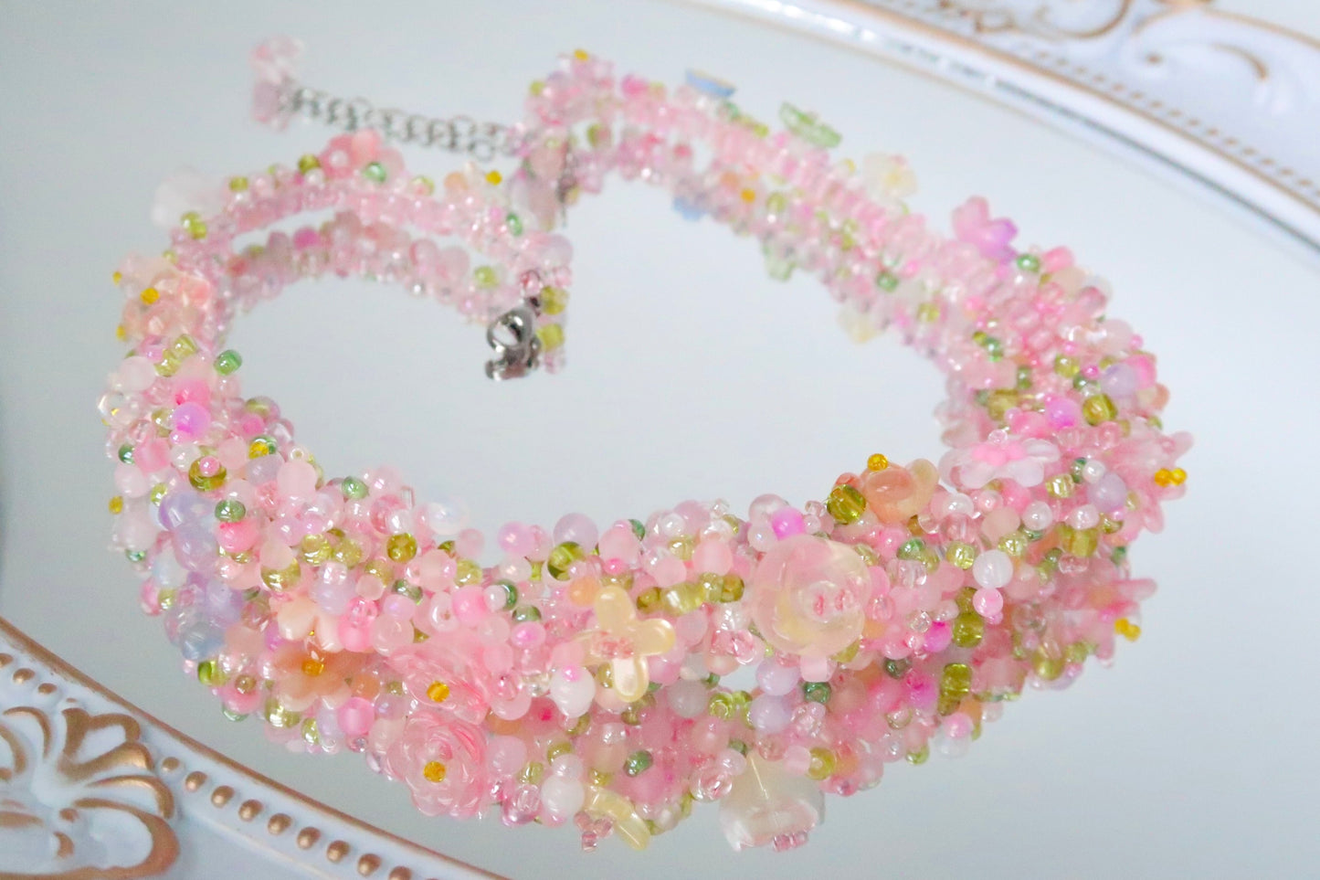 Colorgr, handcrafted elaborate necklace in peach pink with imported seed beads, unique and niche accessory