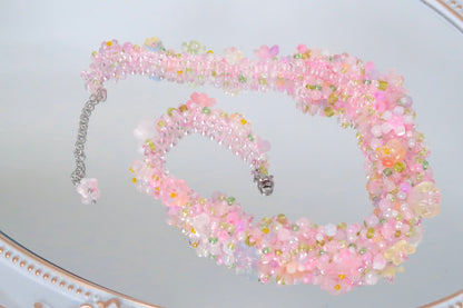 Colorgr, handcrafted elaborate necklace in peach pink with imported seed beads, unique and niche accessory