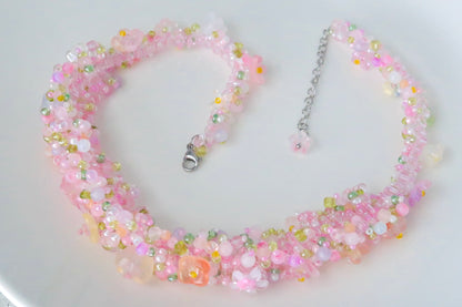 Colorgr, handcrafted elaborate necklace in peach pink with imported seed beads, unique and niche accessory