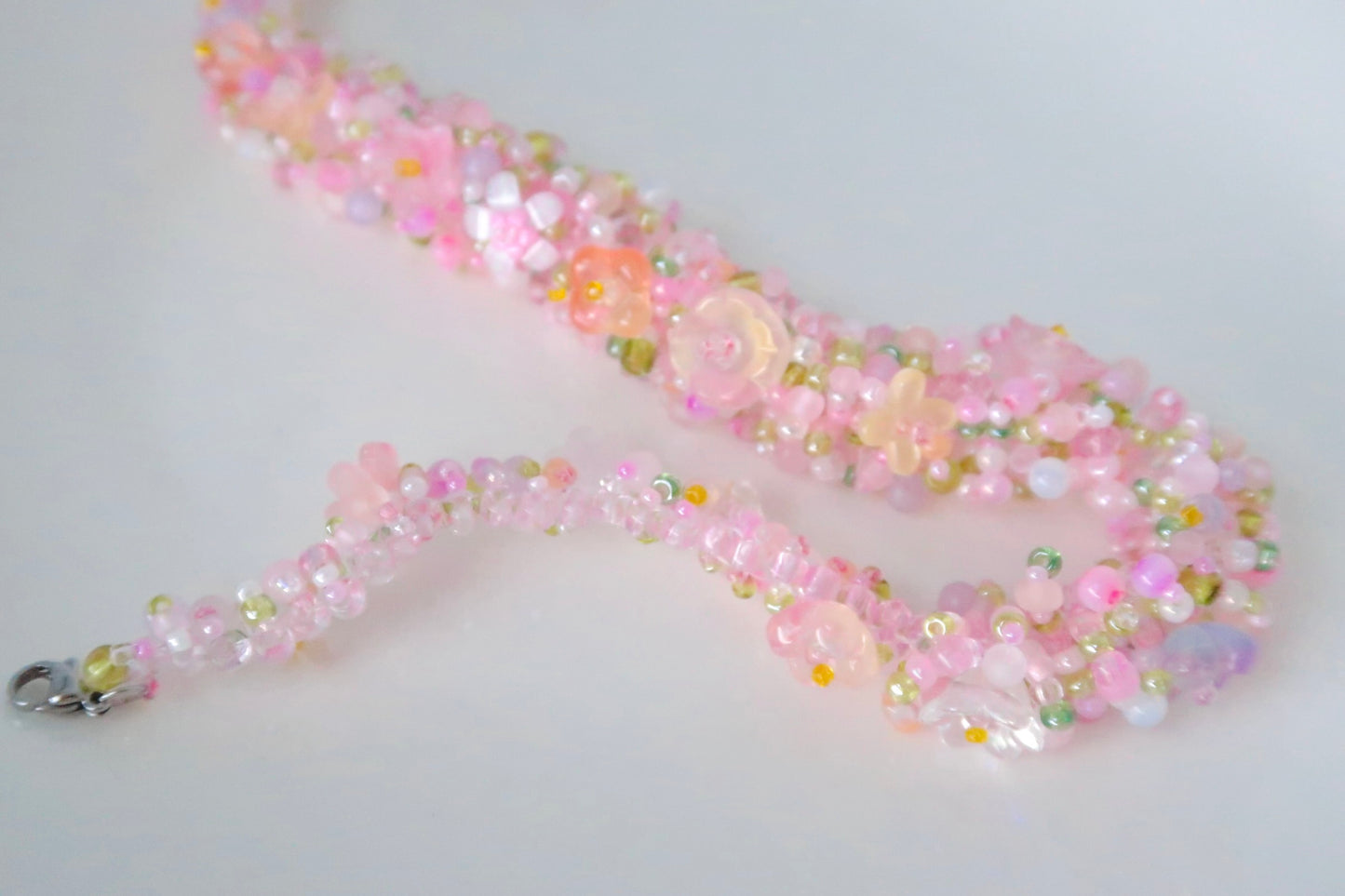 Colorgr, handcrafted elaborate necklace in peach pink with imported seed beads, unique and niche accessory