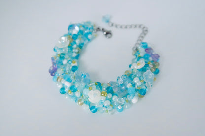 Colorgr, handcrafted intricate bracelet in ocean colors with imported seed beads, unique and niche accessory