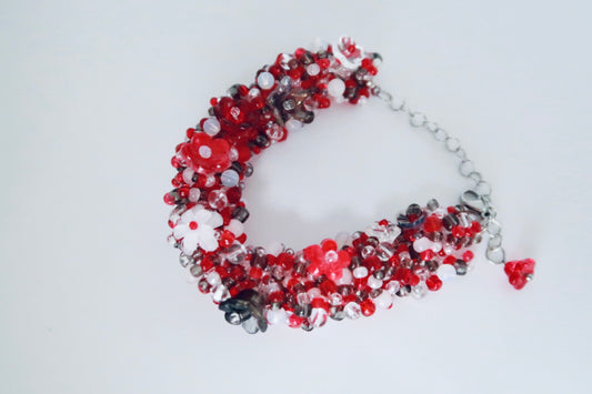 Colorgr, handcrafted elaborate bracelet in berry red with imported seed beads,vampiric vibe, unique and niche