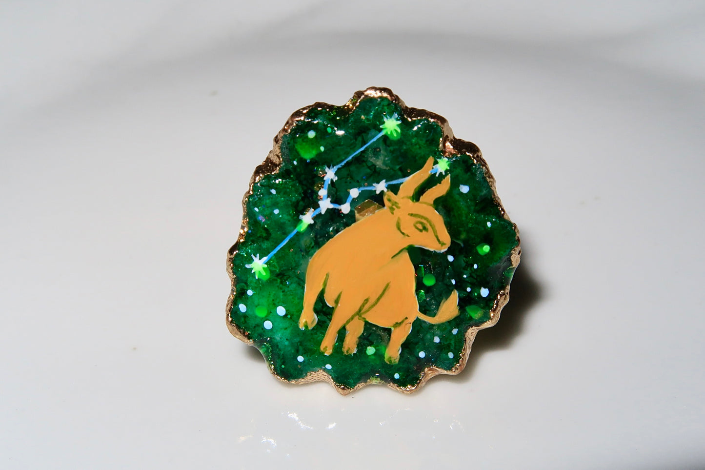 Hand-Painted Taurus Zodiac natural Crystal Pendant, 18K Gold jewelry