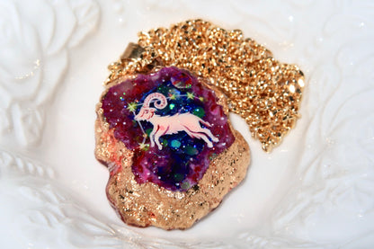 Hand-Painted  Aries Zodiac natural Crystal Pendant, 18K Gold jewelry