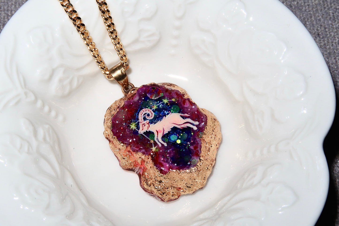 Hand-Painted  Aries Zodiac natural Crystal Pendant, 18K Gold jewelry