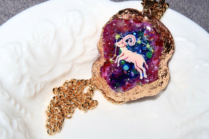 Hand-Painted  Aries Zodiac natural Crystal Pendant, 18K Gold jewelry