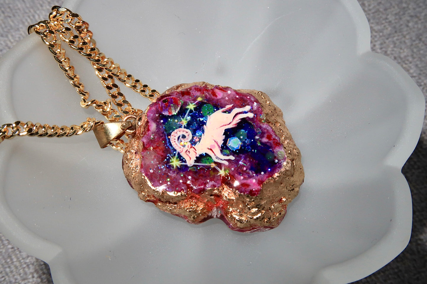 Hand-Painted  Aries Zodiac natural Crystal Pendant, 18K Gold jewelry