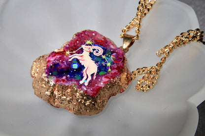 Hand-Painted  Aries Zodiac natural Crystal Pendant, 18K Gold jewelry