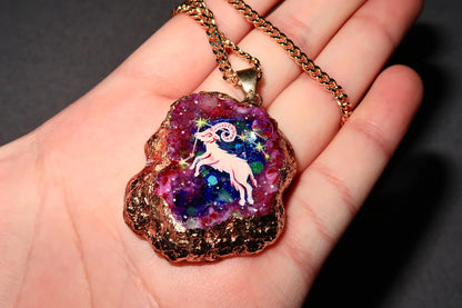 Hand-Painted  Aries Zodiac natural Crystal Pendant, 18K Gold jewelry