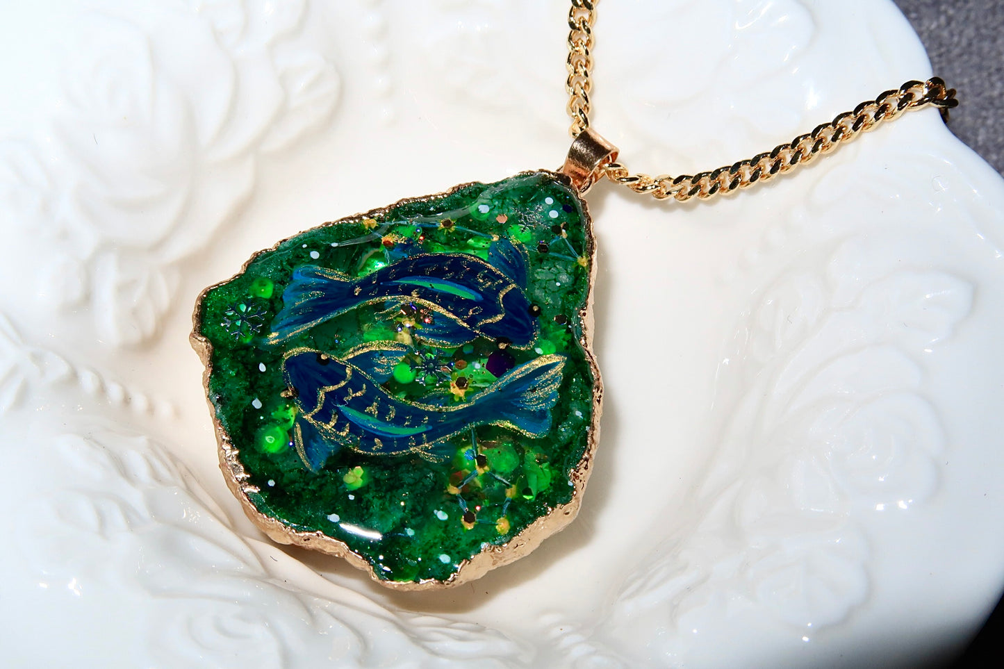 Hand-Painted Pisces Zodiac natural Crystal Pendant, 18K Gold jewelry