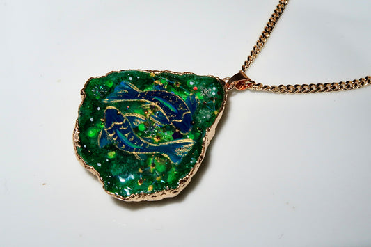 Hand-Painted Pisces Zodiac natural Crystal Pendant, 18K Gold jewelry