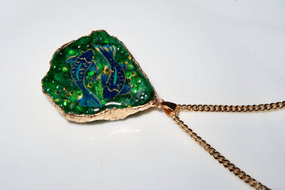 Hand-Painted Pisces Zodiac natural Crystal Pendant, 18K Gold jewelry