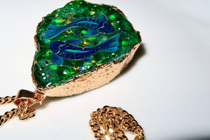 Hand-Painted Pisces Zodiac natural Crystal Pendant, 18K Gold jewelry