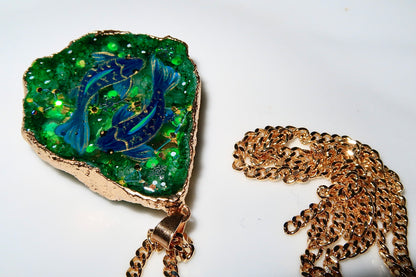 Hand-Painted Pisces Zodiac natural Crystal Pendant, 18K Gold jewelry