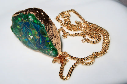 Hand-Painted Pisces Zodiac natural Crystal Pendant, 18K Gold jewelry