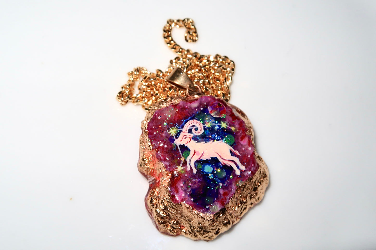 Hand-Painted  Aries Zodiac natural Crystal Pendant, 18K Gold jewelry