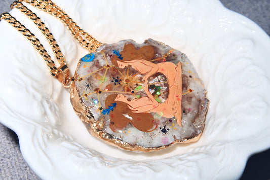 Hand-Painted Gemini Zodiac natural Crystal Pendant, 18K Gold jewelry