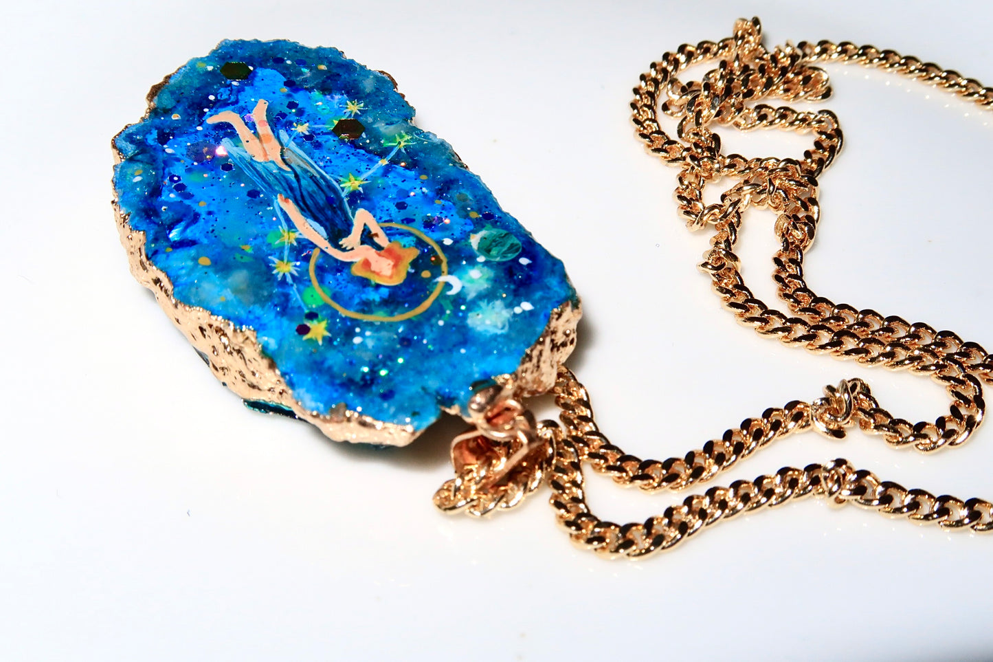 Hand-Painted Virgo Zodiac natural Crystal Pendant, 18K Gold jewelry