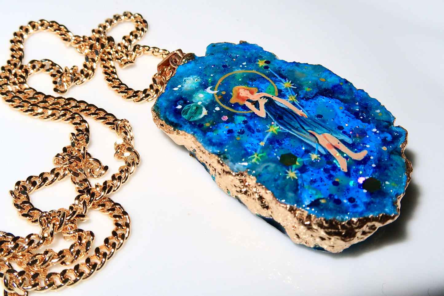 Hand-Painted Virgo Zodiac natural Crystal Pendant, 18K Gold jewelry