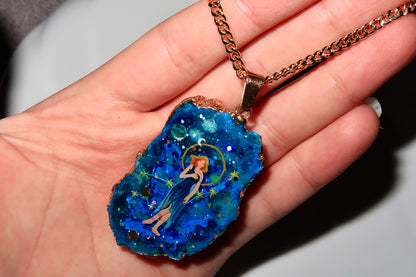 Hand-Painted Virgo Zodiac natural Crystal Pendant, 18K Gold jewelry