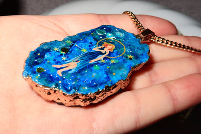 Hand-Painted Virgo Zodiac natural Crystal Pendant, 18K Gold jewelry