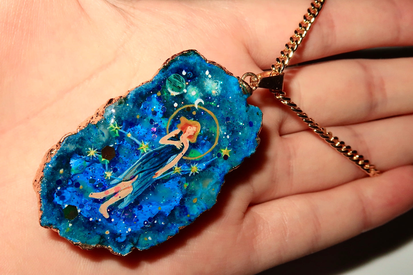 Hand-Painted Virgo Zodiac natural Crystal Pendant, 18K Gold jewelry