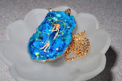 Hand-Painted Virgo Zodiac natural Crystal Pendant, 18K Gold jewelry