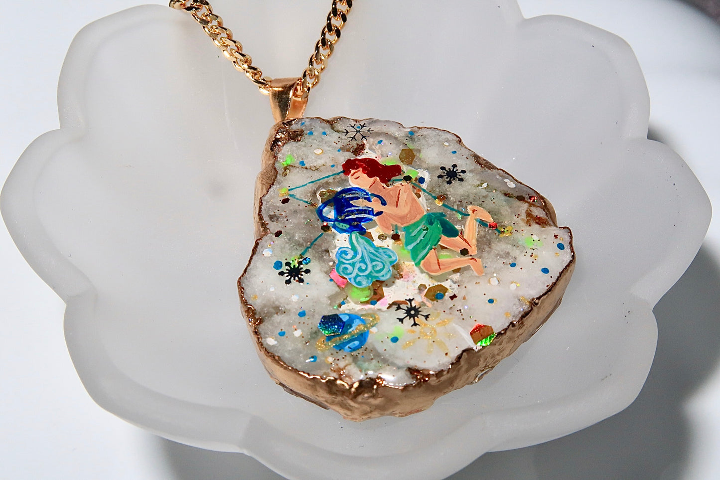 Hand-Painted Aquarius Zodiac natural Crystal Pendant, 18K Gold jewelry