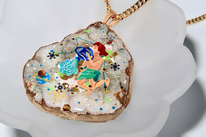 Hand-Painted Aquarius Zodiac natural Crystal Pendant, 18K Gold jewelry