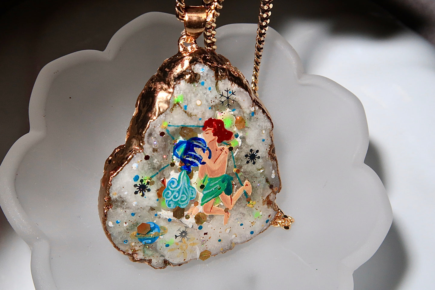 Hand-Painted Aquarius Zodiac natural Crystal Pendant, 18K Gold jewelry