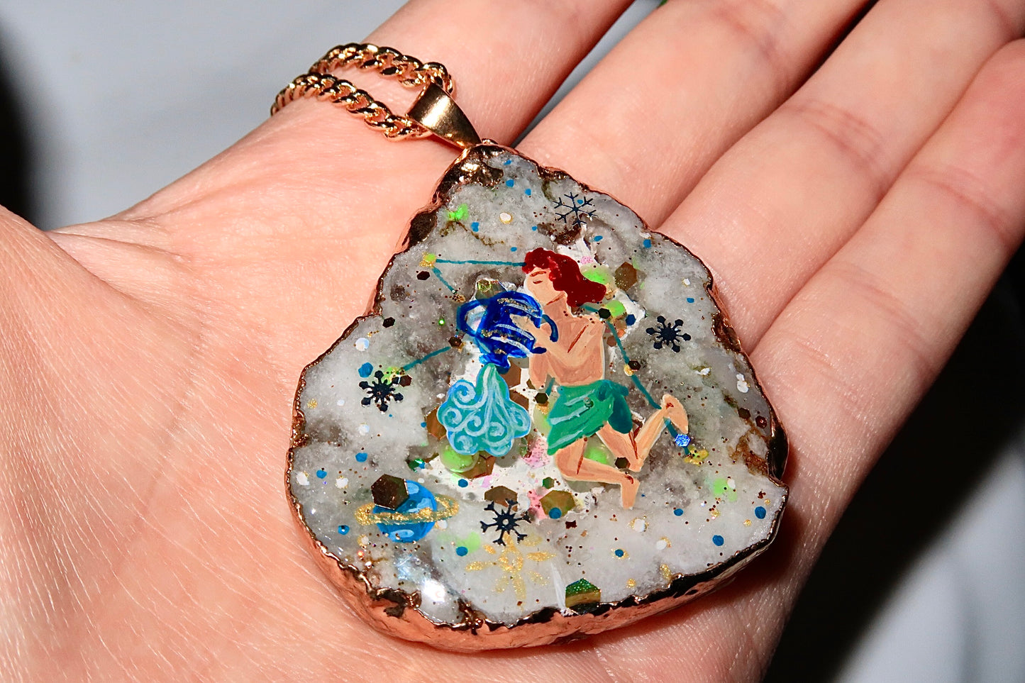 Hand-Painted Aquarius Zodiac natural Crystal Pendant, 18K Gold jewelry