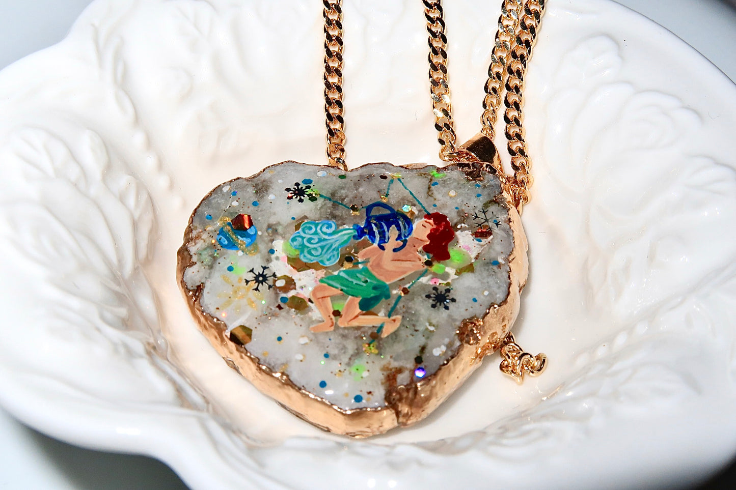 Hand-Painted Aquarius Zodiac natural Crystal Pendant, 18K Gold jewelry