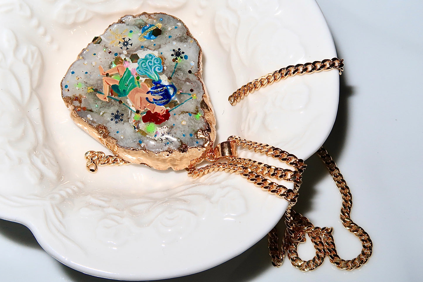 Hand-Painted Aquarius Zodiac natural Crystal Pendant, 18K Gold jewelry