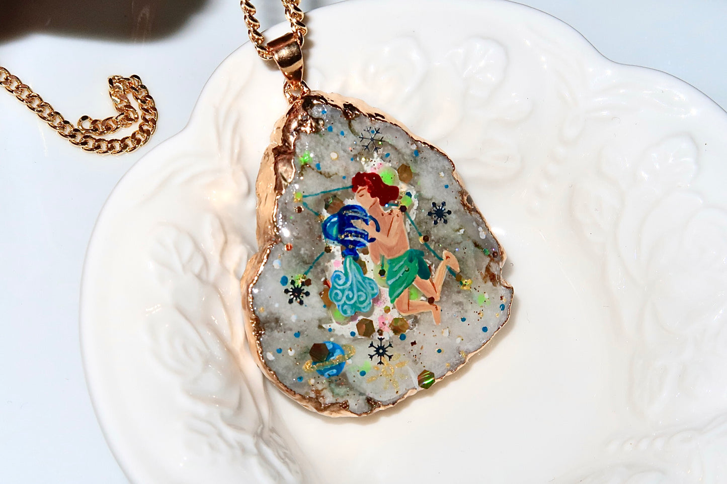 Hand-Painted Aquarius Zodiac natural Crystal Pendant, 18K Gold jewelry